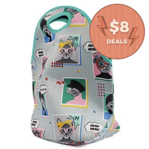 Cat Lunch Bag Neoprene Padded Food Carrier Fashion Felines Handle Soft Office - Picture 1 of 9